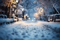 Tranquil snow scene a street softly covered, flakes gently falling