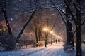 Tranquil Snowfall park forest walk. Generate Ai Royalty Free Stock Photo