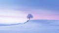 Tranquil Snowy Landscape: A Serene Tree Under A Pink Sky