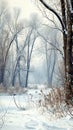 A tranquil snowy setting in a dense forest, highlighting the stillness and beauty of nature in winter