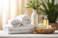 Tranquil Spa Ambiance Towels, Herbal Bags, and Beauty Treatments in a Serene White Room. created with Generative AI