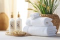 Tranquil Spa Ambiance Towels, Herbal Bags, and Beauty Treatments in a Serene White Room. created with Generative AI