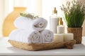 Tranquil Spa Ambiance Towels, Herbal Bags, and Beauty Treatments in a Serene White Room. created with Generative AI