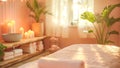 Tranquil spa atmosphere inviting relaxation with candles, towels, and plants Royalty Free Stock Photo