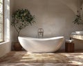 Tranquil spa-like bathroom with a freestanding tub and natural stone tiles3D render