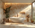 Tranquil spa-like bathroom with a freestanding tub and natural stone tiles3D render