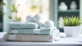 Tranquil Spa oasis. Serene relaxation area adorned with towels in soothing shades of soft blue Royalty Free Stock Photo