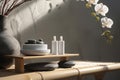 Zen Spa Ambiance, Serene Beauty Product Display, NAD+ boosting skincare products, Product Mockup Royalty Free Stock Photo