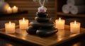 Serene spa arrangement with stacked stones lit candles and incense for ultimate relaxation Royalty Free Stock Photo