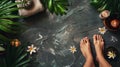 Closeup of a woman& x27;s feet amidst a tranquil spa setting with lush greenery and flowers