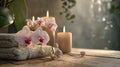 a tranquil spa still life arrangement featuring aromatic candles, an orchid flower, and a folded towel, the soothing Royalty Free Stock Photo