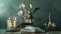 a tranquil spa still life arrangement featuring aromatic candles, an orchid flower, and a folded towel, the soothing Royalty Free Stock Photo