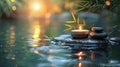 Tranquil Spa Still Life with Candle, Stone, Bamboo in Nature on Water Royalty Free Stock Photo