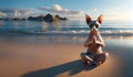 Tranquil Sphynx cat in lotus pose on a beach at sunset, reflecting serenity. Generative AI Royalty Free Stock Photo