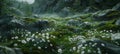 Tranquil spring forest landscape with moss covered rocks and flowers, ideal for text placement