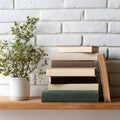 Tranquil Still Life: Stacked Books with Decorative Plant Against White Brick Wall Royalty Free Stock Photo