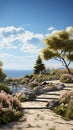 A tranquil stone path winds through a lush garden with flowering shrubs and trees by the seaside