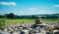Tranquil stone stack balances nature harmony, symbolizing peace and spirituality generated by AI