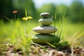 Tranquil stone stack on lush grass under clear blue sky, serene scene with light and shadow interplay