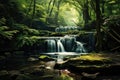 A tranquil stream of crystal-clear water meandering gracefully amidst a lush and vibrant green forest, A tranquil waterfall Royalty Free Stock Photo