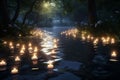 Tranquil Stream with Floating Memorial Candles A Royalty Free Stock Photo