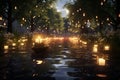 Tranquil Stream with Floating Memorial Candles A Royalty Free Stock Photo