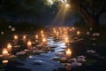 Tranquil Stream with Floating Memorial Candles A Royalty Free Stock Photo