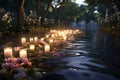 Tranquil Stream with Floating Memorial Candles A Royalty Free Stock Photo