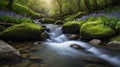 Enchanting Forest Stream with Mossy Boulders and Delicate Bluebell Flowers Scene Royalty Free Stock Photo