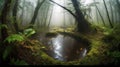 Misty Morning Stream in Forest Canopy