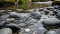 A tranquil stream flows over smooth, rounded stones and pebbles, displaying various shades of gray Royalty Free Stock Photo