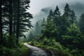 A tranquil stream serenely flows through a breathtakingly lush green forest, A foggy mountain-path surrounded by tall, green trees Royalty Free Stock Photo