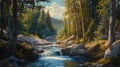 Serene mountain stream flowing through a lush forest under a bright sky. Generative AI Royalty Free Stock Photo