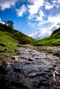 Tranquil stream winds its way through a lush green meadow