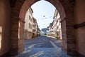 Tranquil street of Basel old city with tram line