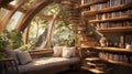 A tranquil study nestled within a treehouse, shelves carved from natural wood holding a collection of handwritten journals.