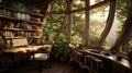 A tranquil study nestled within a treehouse, shelves carved from natural wood holding a collection of handwritten journals.