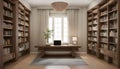 A tranquil study nook showcasing an eclectic mix of filled and empty bookshelves, symbolizing the Royalty Free Stock Photo
