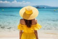 Tranquil summer beachscape unidentifiable woman savoring a delightful sun soaked holiday