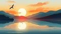 Tranquil summer lake sunrise portrayed in a serene and minimalistic flat illustration