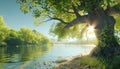 Tranquil summer landscape tree, water, sunlight, rural scene, beauty in nature