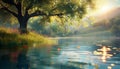 Tranquil summer landscape tree, water, sunlight, rural scene, beauty in nature