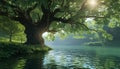 Tranquil summer landscape tree, water, sunlight, rural scene, beauty in nature