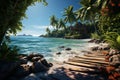 Tranquil summer retreat, tropical beach, blurred palms, sun-kissed sparkling waters Royalty Free Stock Photo