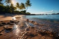 Tranquil summer retreat, tropical beach, blurred palms, sun-kissed sparkling waters Royalty Free Stock Photo