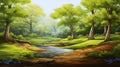 A tranquil and sun-dappled forest scene with a gentle stream, chirping birds, and a sense of serenity, AI-generated