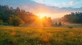Tranquil sunrise illuminates a canvas of verdant meadows, majestic forests, and shimmering sunbeams filtering through towering
