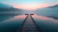 Tranquil Sunrise At Misty Lake Dock, Creating A Sense Of Serenity And Calm, With Space For Copy