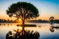 Tranquil sunrise over a calm lake, reflecting nature\'s beauty.