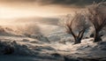 Tranquil sunrise over frosty winter meadow landscape generated by AI Royalty Free Stock Photo